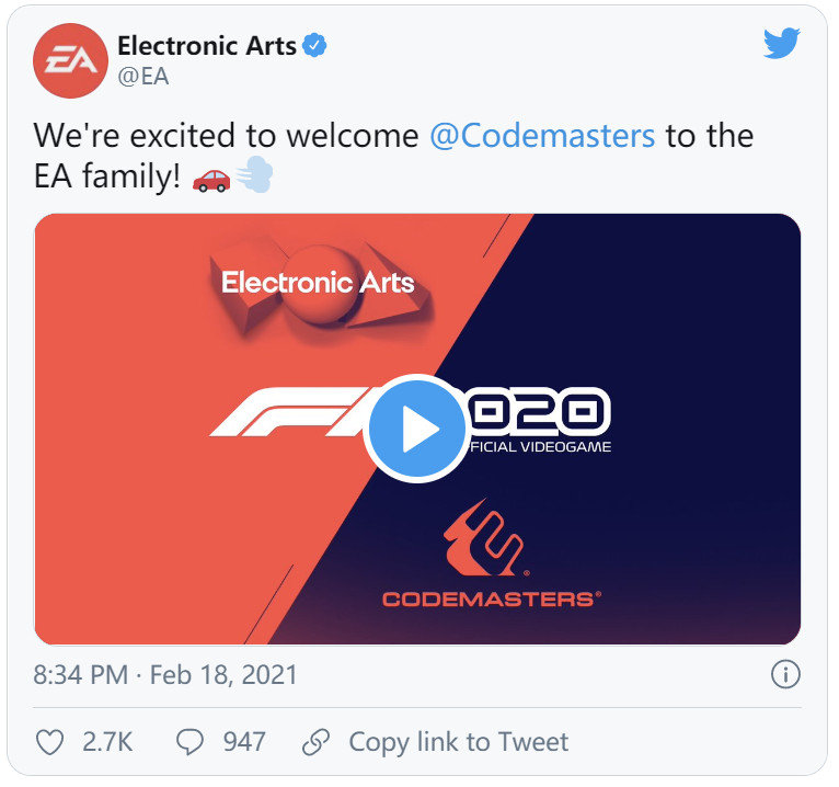 EA正式完成对Codemasters的收购 价值12亿美元
