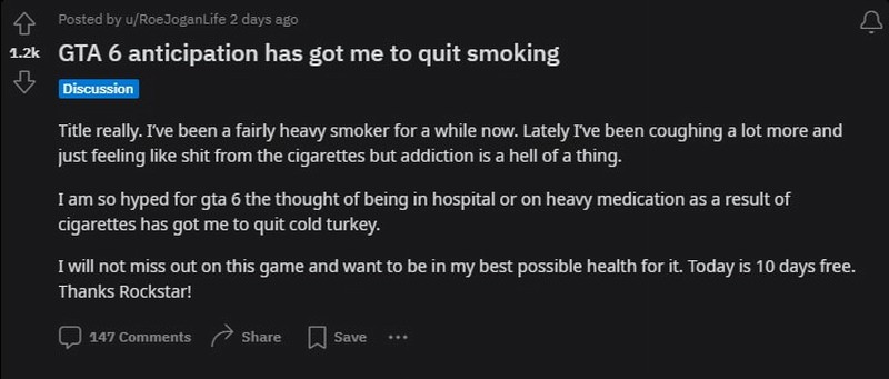 玩家为玩《GTA6》选择戒烟：害怕抽出病错过游戏